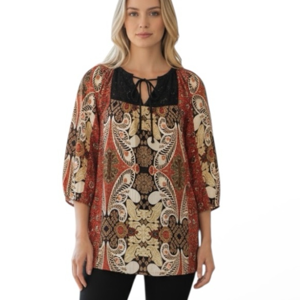 Figueroa & Flower Shirt Women’s  Floral Sheer Hi Low Hem 3/4 Sleeve Lace Trim XL